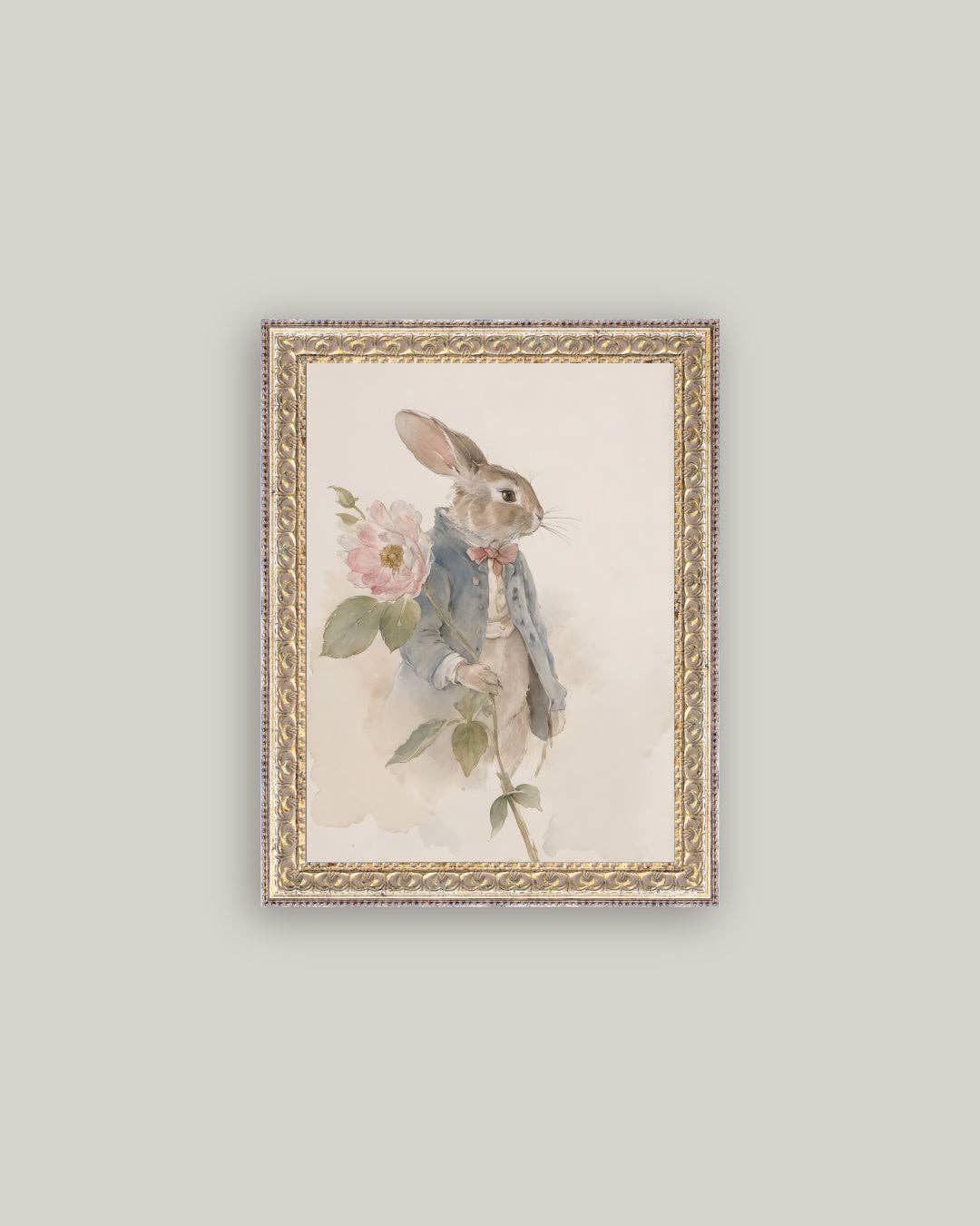 Watercolor Bunny Framed Antique Art