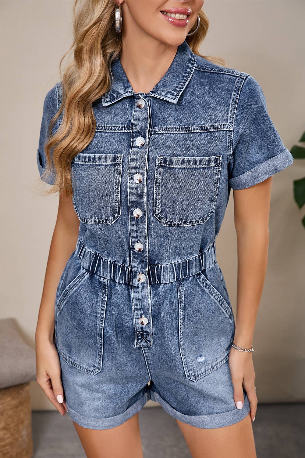 Chest Pocket Front Buttoned Short Sleeve Denim Romper | S-XL