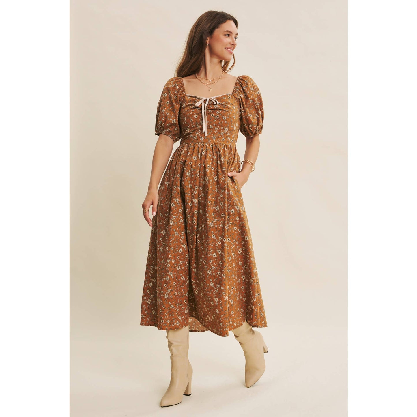 GOLDEN HOUR FLORAL PUFF SLEEVE MIDI DRESS WITH SMOCKED BACK
