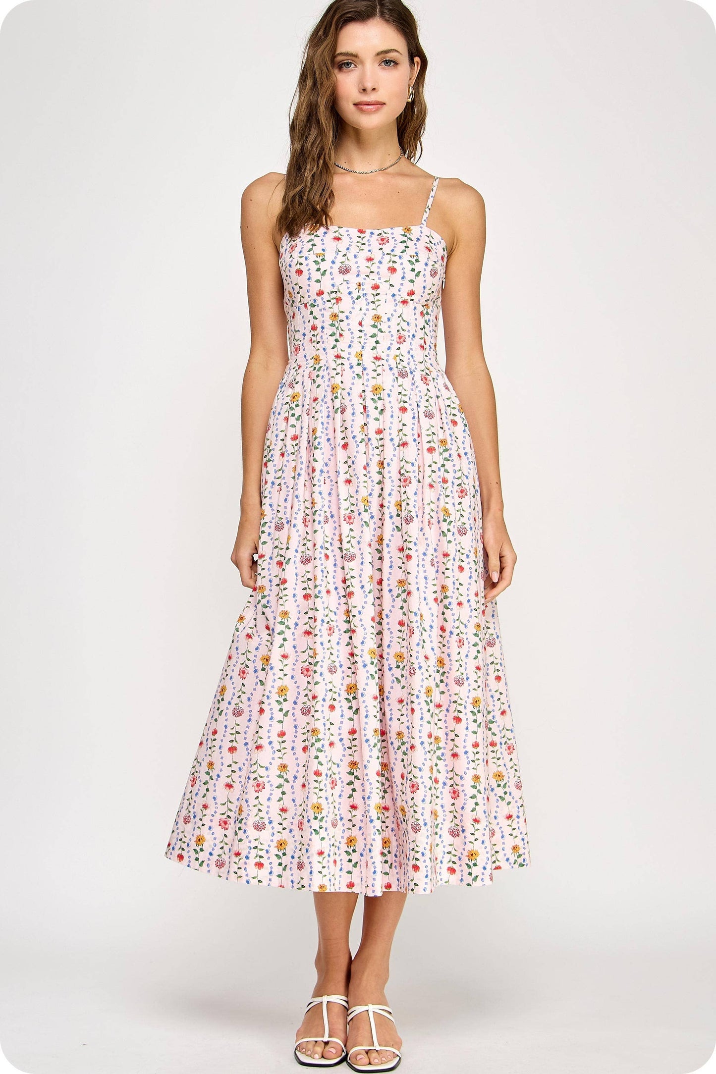 Floral Poplin Corset Sleeveless Midi Dress