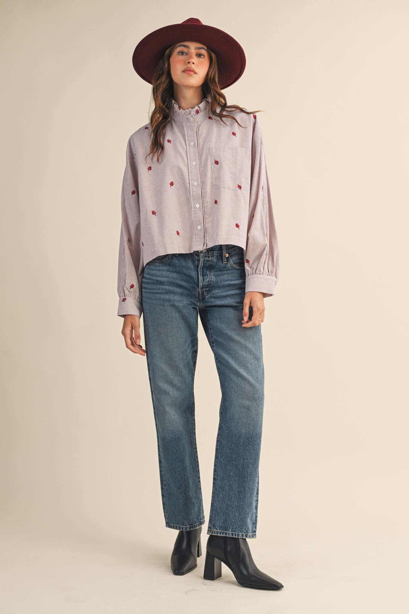 EMBROIDERED MOCK NECK STRIPED BUTTON UP TOP