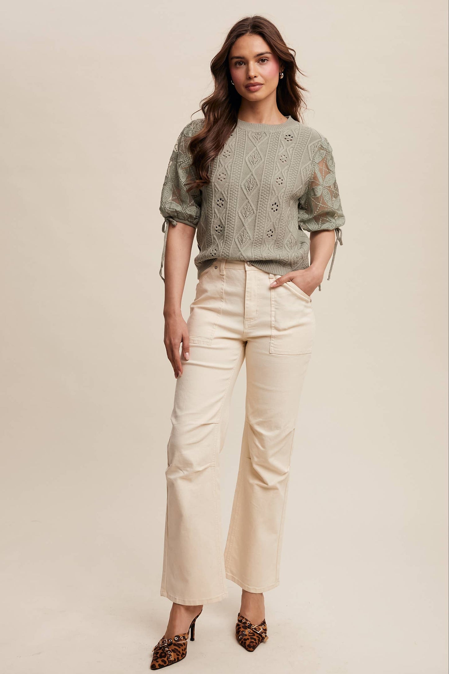 Eyelet Puff Sleeve Knit Sweater Top
