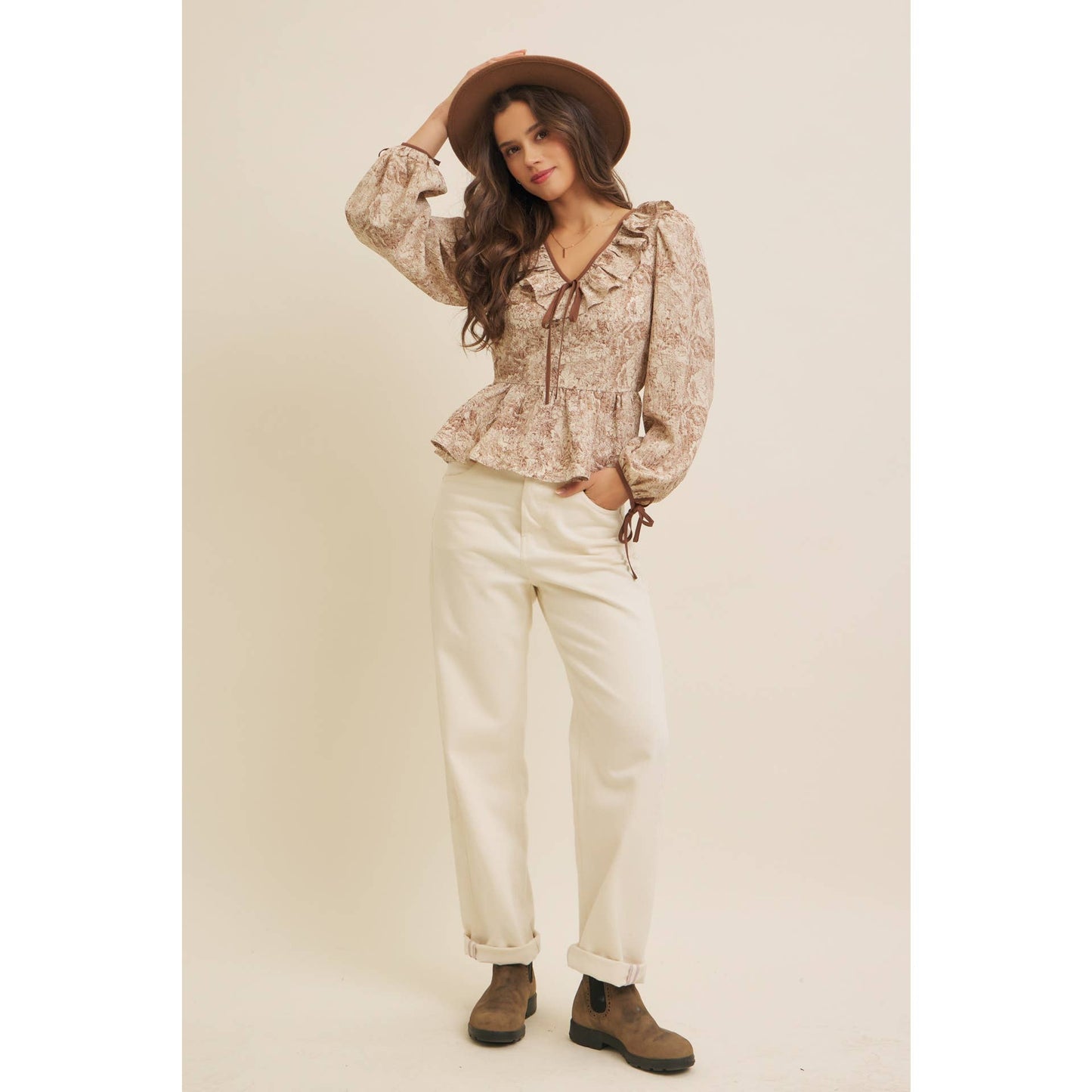 TOILE PRINTED BABYDOLL BLOUSE WITH BALLOON SLEEVES