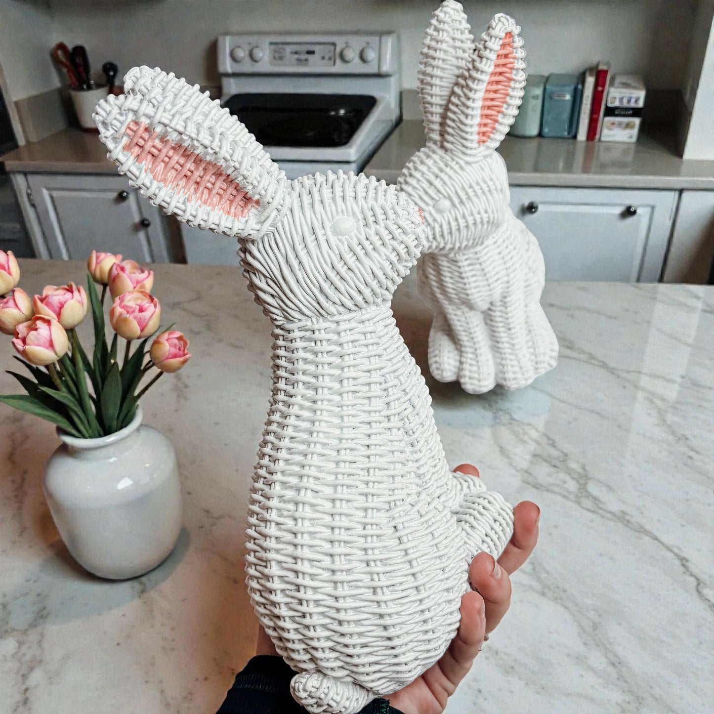 Easter Farmhouse Home Decor, Resin Bunny Figurine Rattan