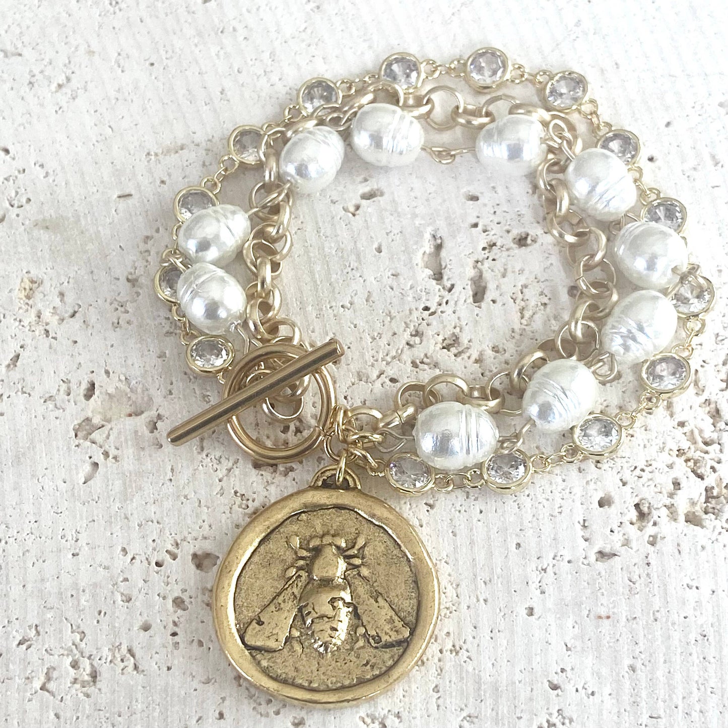 Bee and Crown Coin Triple Layer Bracelet - Gold