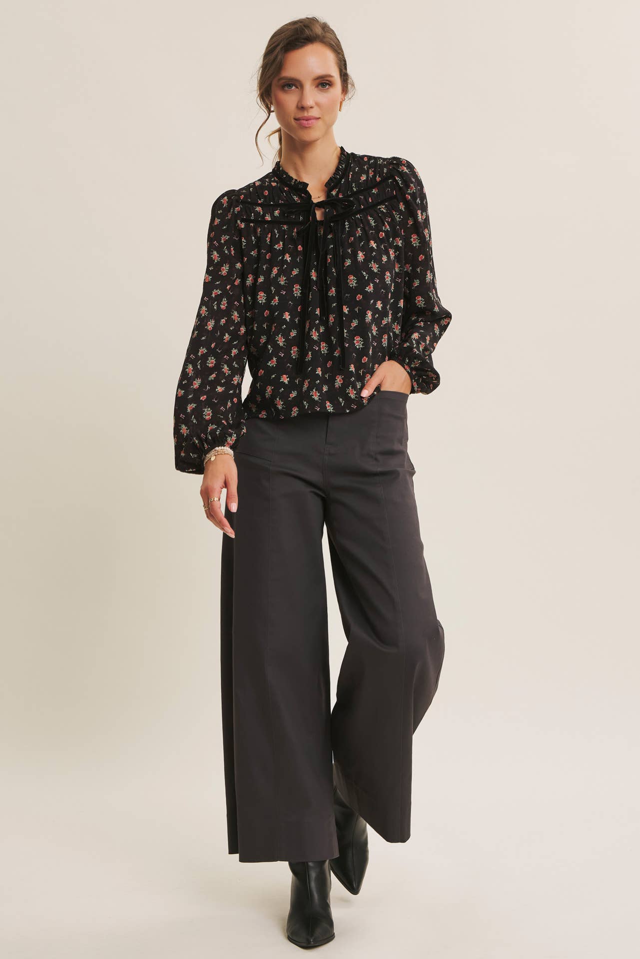 BREEZY FALL DAYS VELVET FLORAL BLOUSE WITH DELICATE RUFFLES