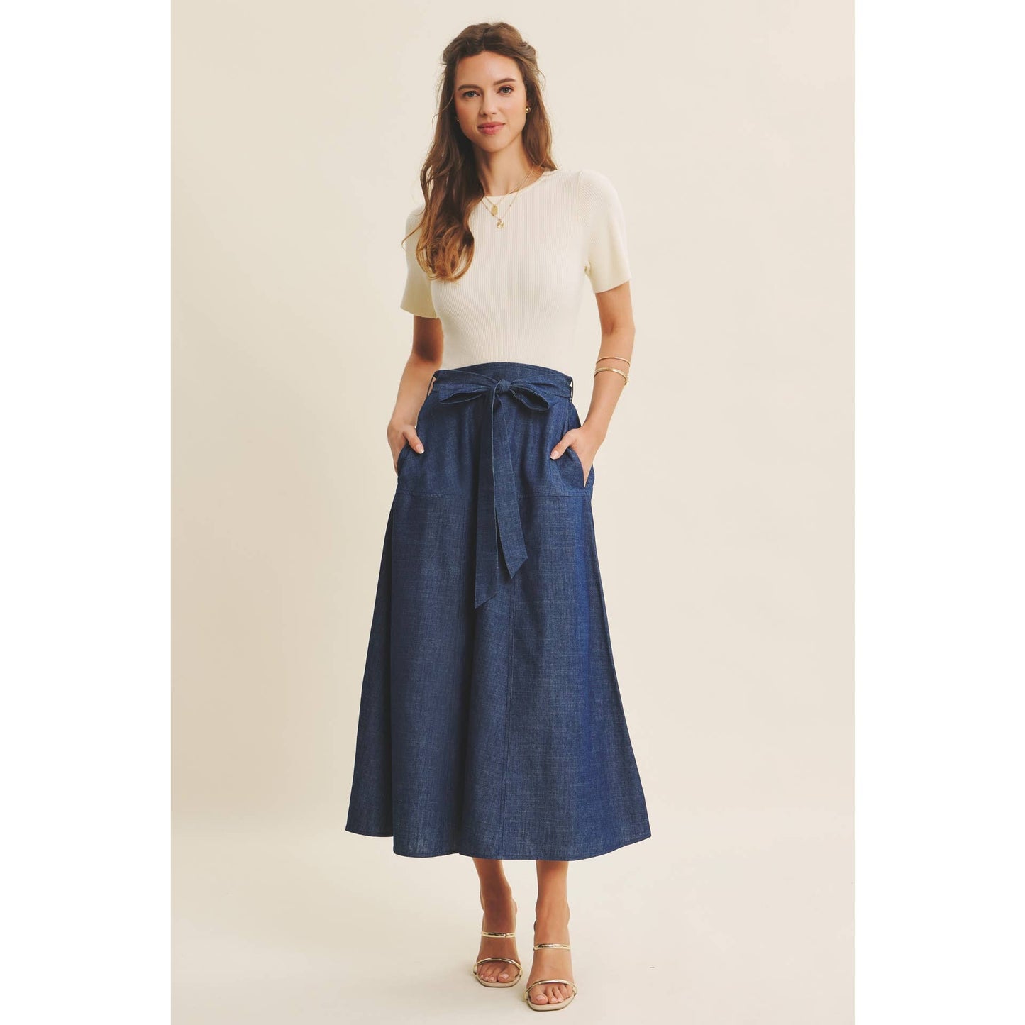 EFFORTLESS MIX OF COZY AND POLISHED TWOFER DENIM DRESS