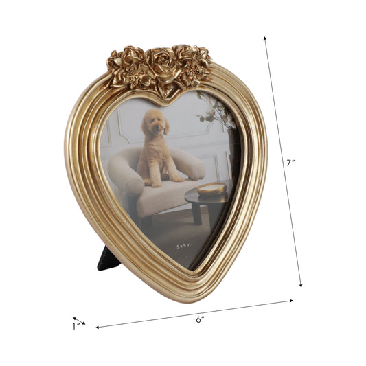 Photo Frame - Gold Polyresin Heart with Roses, 5x5 in.