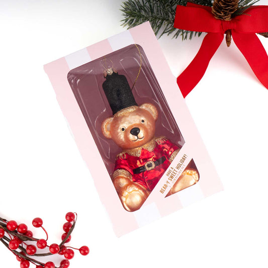 Red Jacket Teddy Bear Glass Christmas Ornament