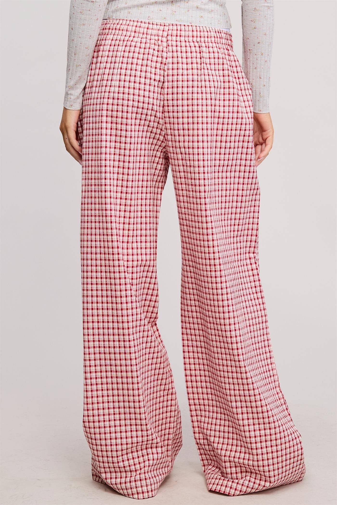 Mid Rise Elasticized Waistband Gingham Pattern Pants