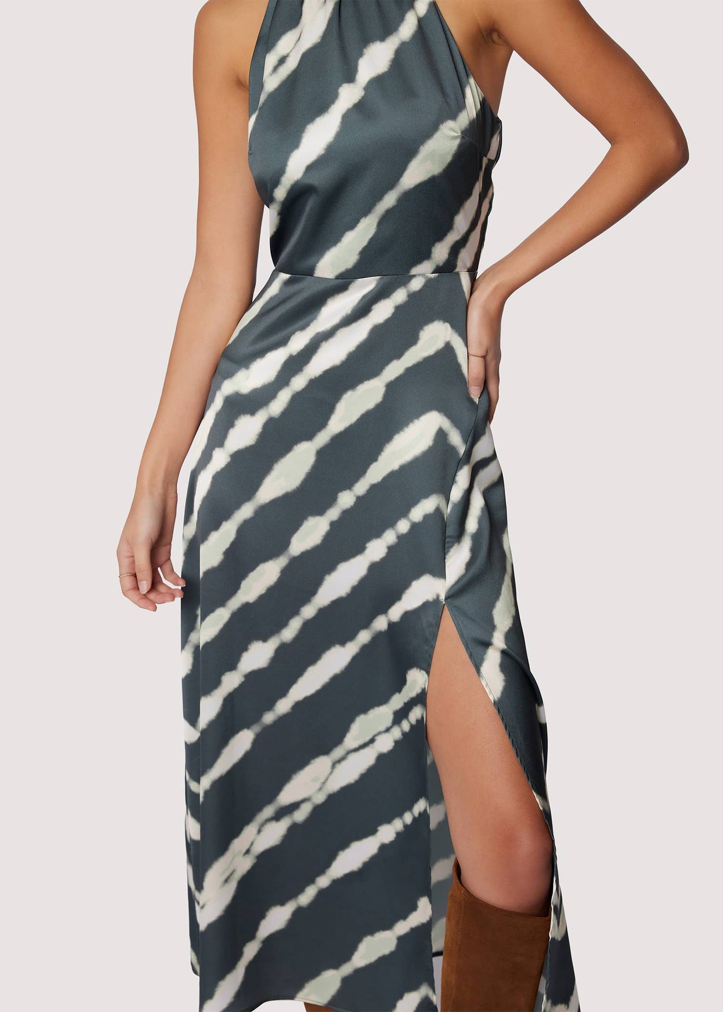 Serra Elisa Maxi Dress - Satin Fall Stripe Slit Halter Neck