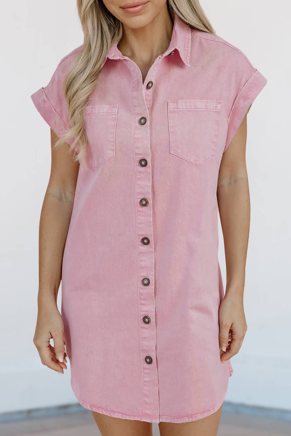 Chest Pocket Short Sleeve Denim Shirt Dress | S-XL