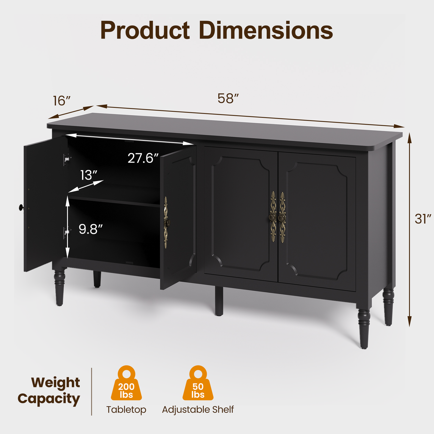 Console Cabinet, 58'' Mid Century Modern Pantry Cabinet