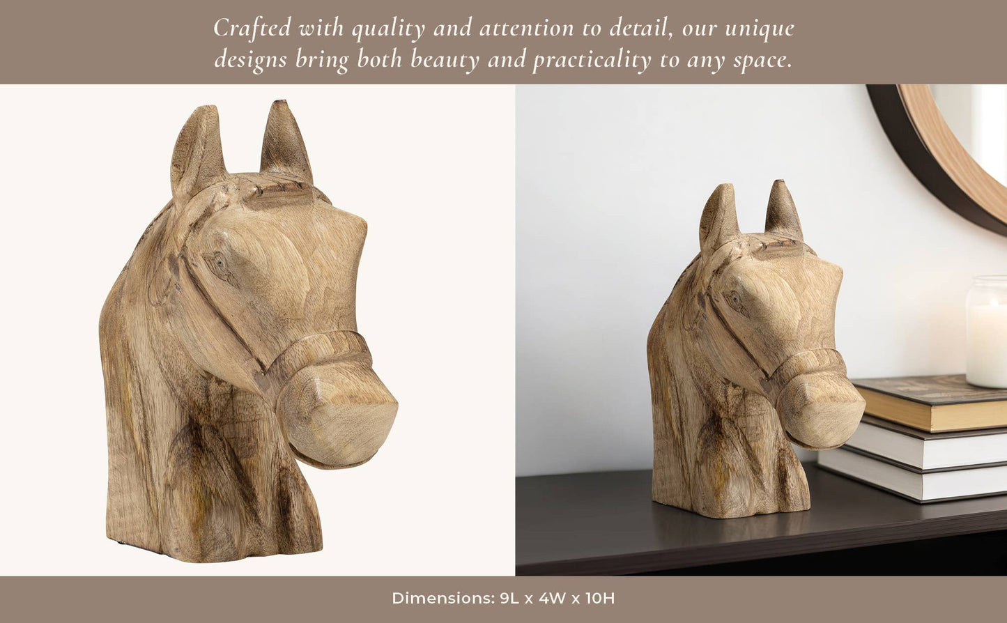 Wood Modern Carved Horse Head Figurine - Brown, 10 in.