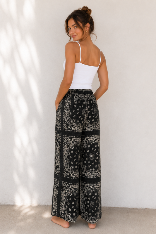 Black Paisley Bandana Wide-Leg Pants with Elastic