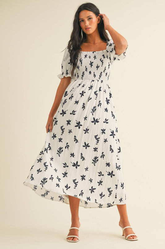 Black Floral Smocked Puff Sleeve Midi Dress