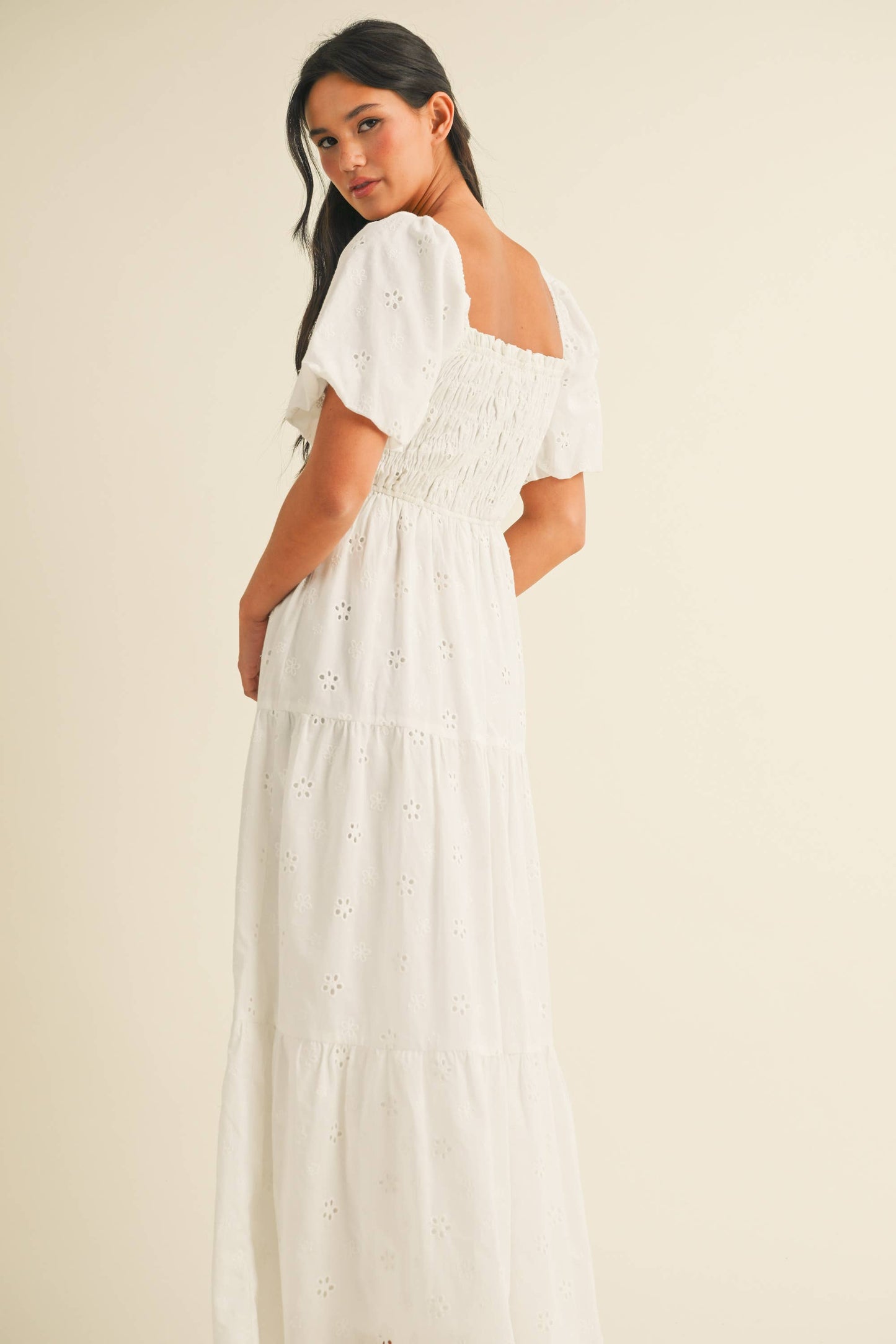 ID8852 EYELET PUFF SLEEVES MIDI DRESS WITH SMOCKING