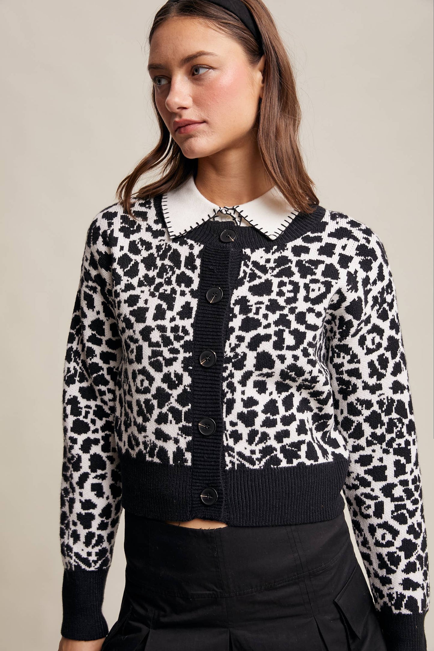 Leopard Knit Button-Up Cardigan