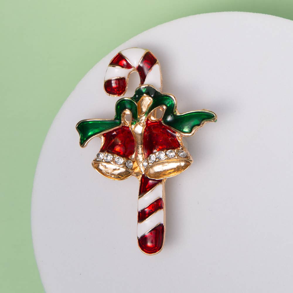 Enamel Candy Cane and Christmas Bells Brooch Pin