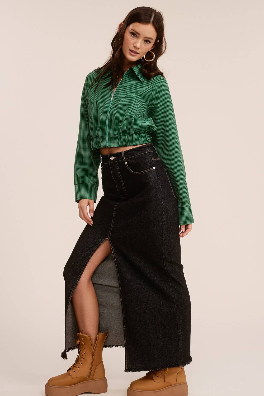 Mid-Rise Denim Maxi Skirt with Front Slit
