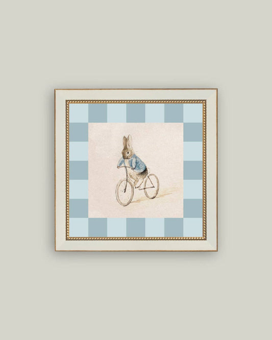 Checkered Biking Bunny Framed Antique Art