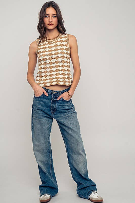 Scallop Crochet Contrast Trim Crewneck Tank Top