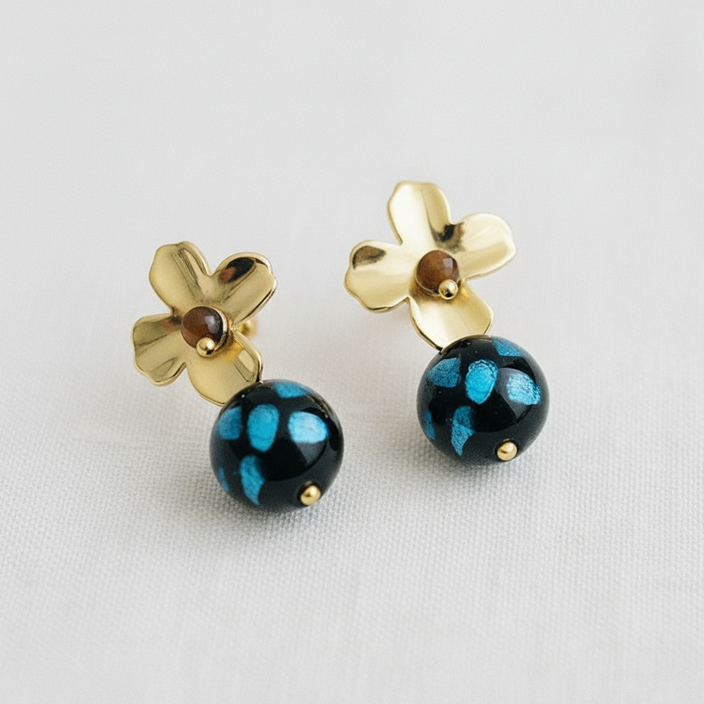 Vintage Blue Glass and Tiger's Eye Floral Stud Earrings