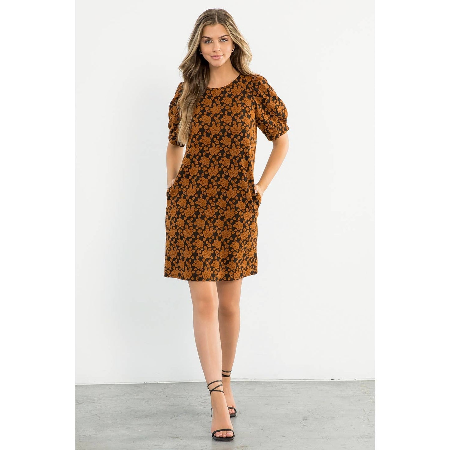 Textured Black Dress with Puff Sleeves and Floral Print