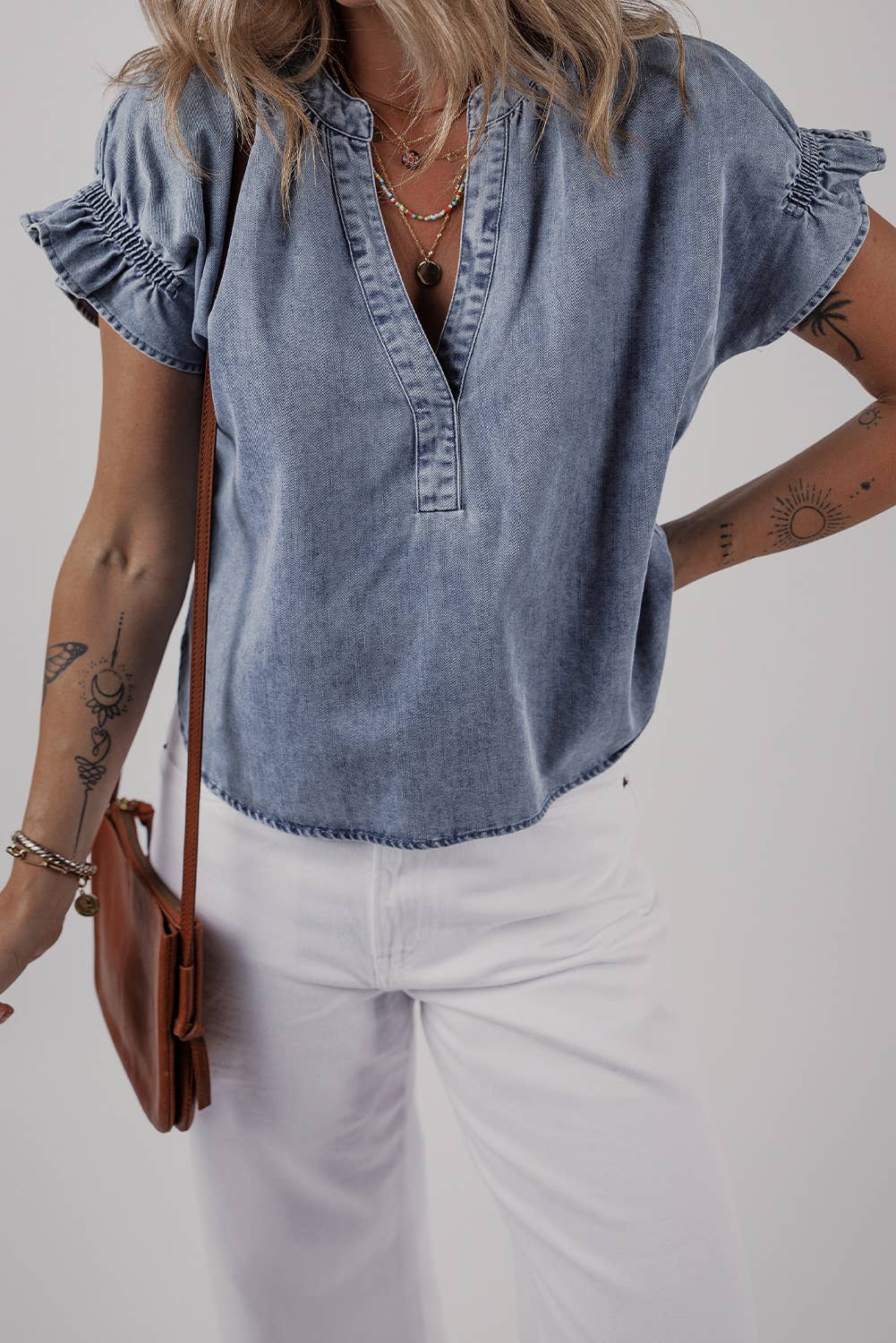 Ruffled Short Puff Sleeve Denim Top | S-XL