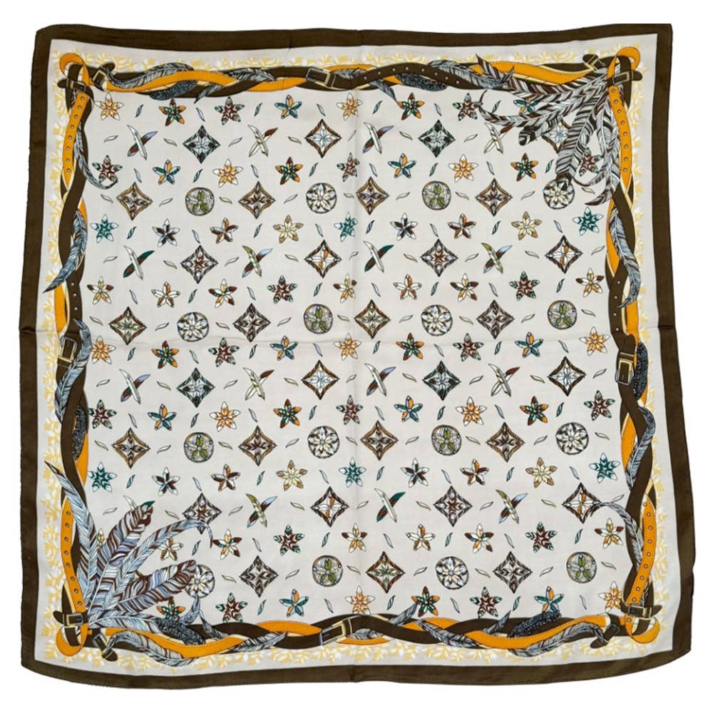 ASTRA FLORAL FLOWER FEATHER BORDER PRINT SCARF