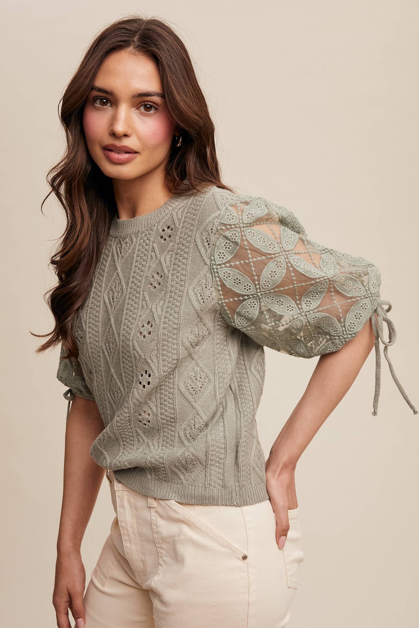 Eyelet Puff Sleeve Knit Sweater Top