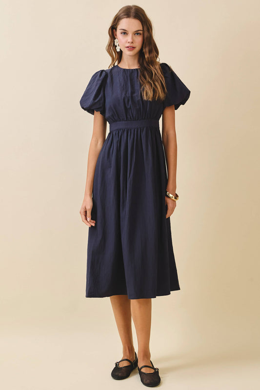 Voluminous Puff Sleeves Gathered Bodice Midi Dress