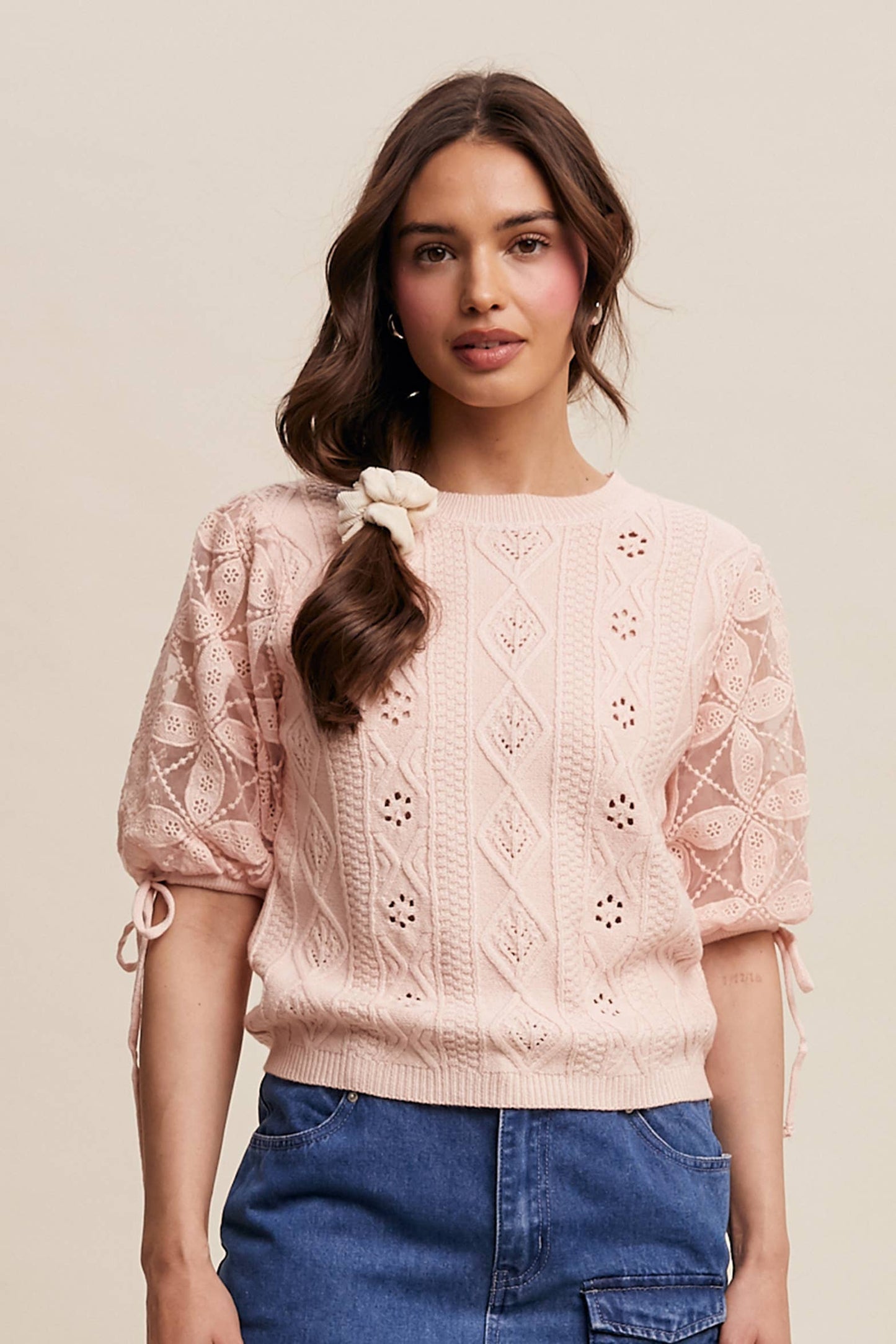 Eyelet Puff Sleeve Knit Sweater Top