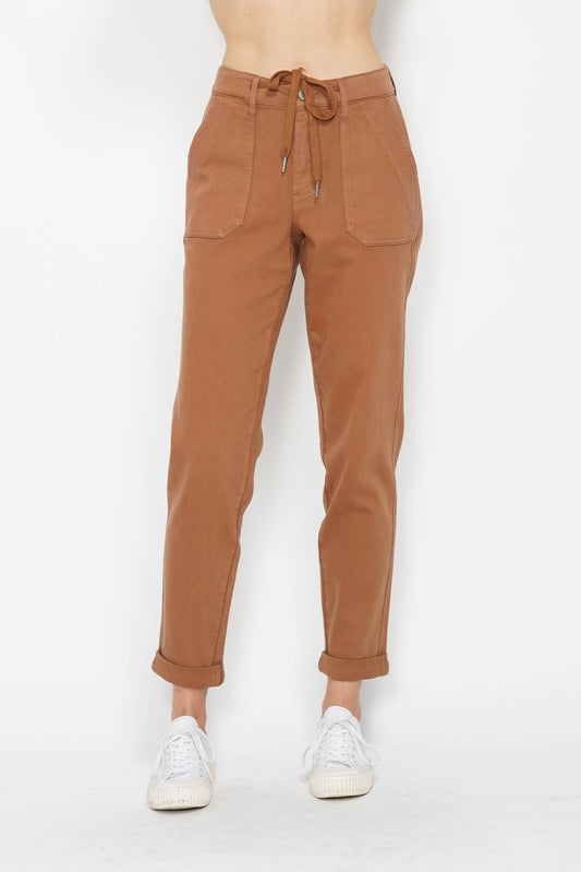 High Waist Garment Dyed Drawstring Cuffed Jogger Pants - Tan