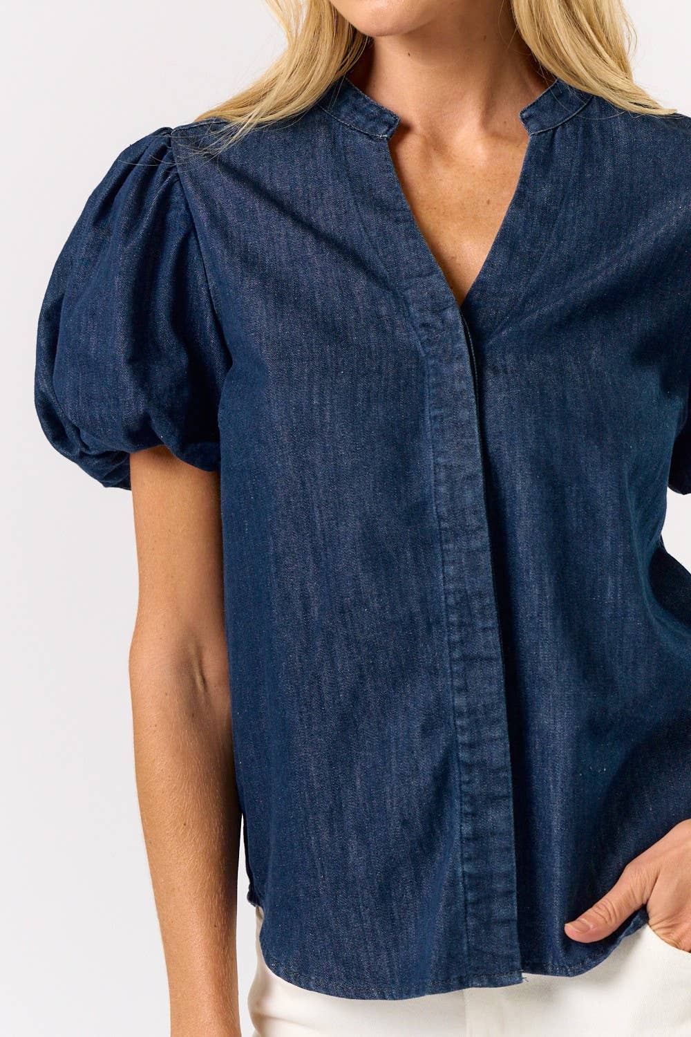 ILT5102 Denim Button Down Top With Short Puff Sleeves