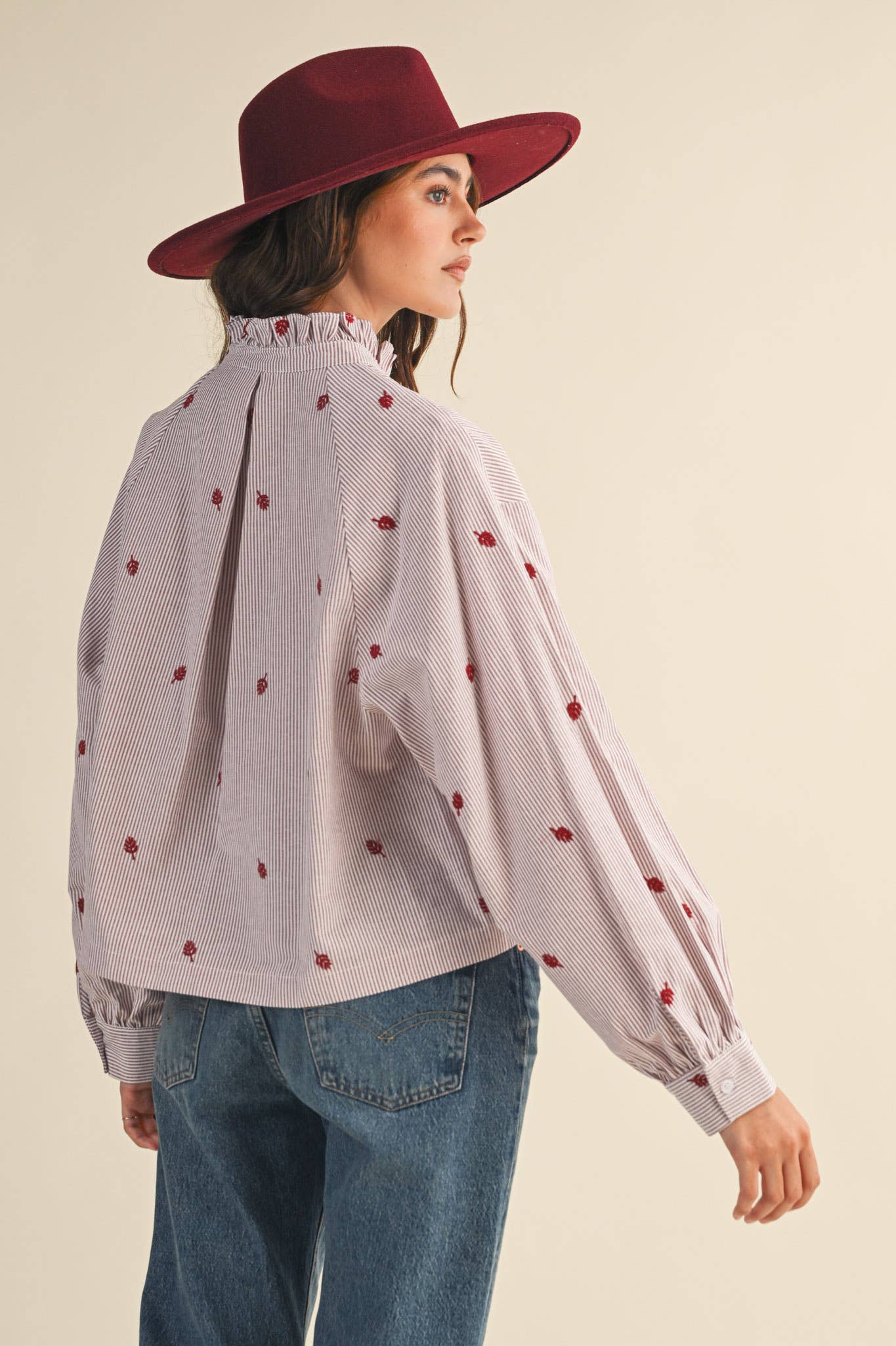 EMBROIDERED MOCK NECK STRIPED BUTTON UP TOP