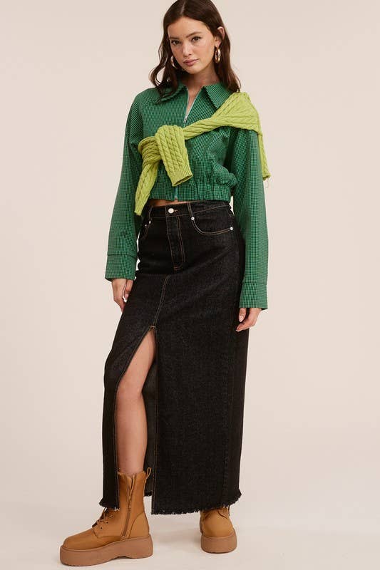 Mid-Rise Denim Maxi Skirt with Front Slit