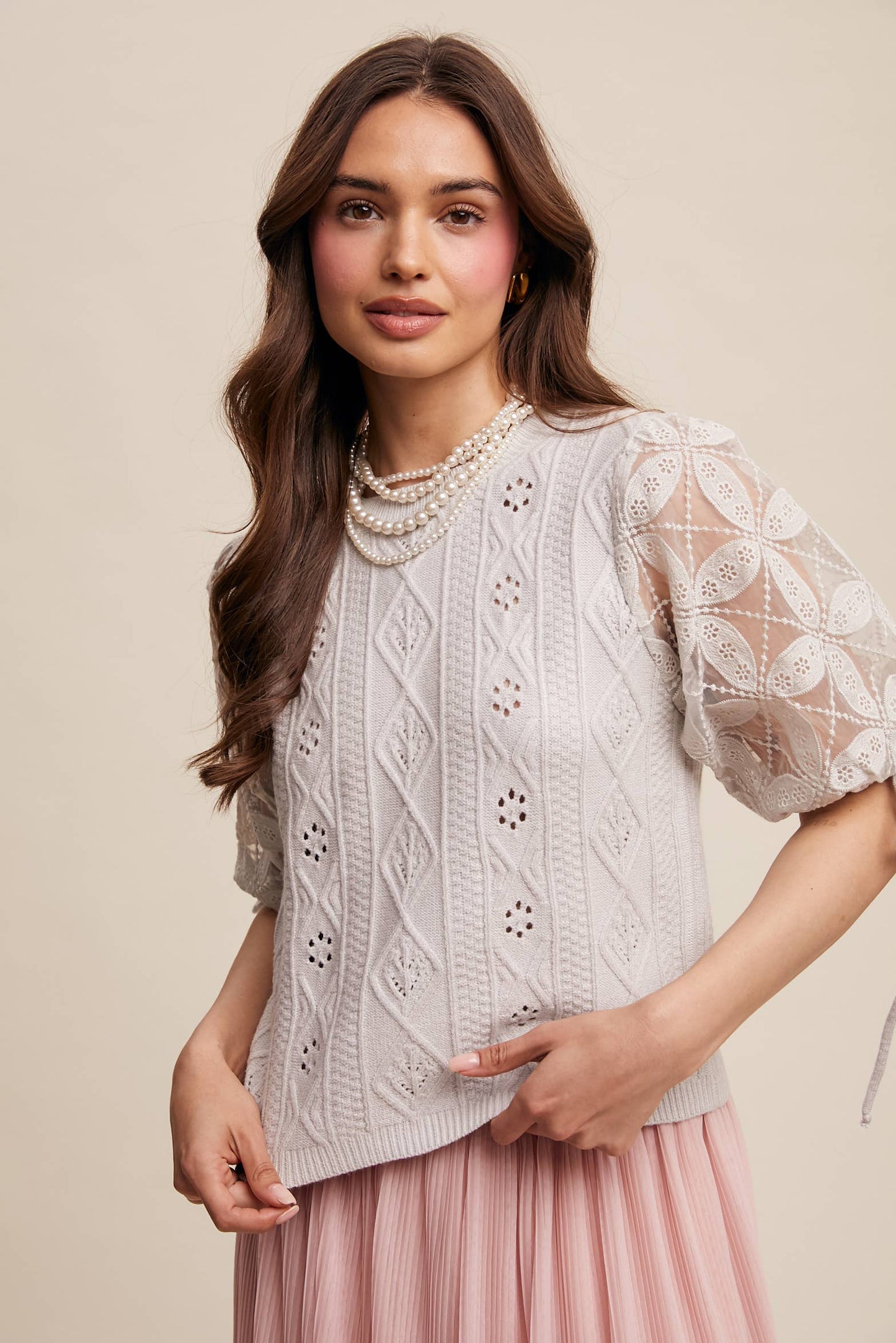 Eyelet Puff Sleeve Knit Sweater Top