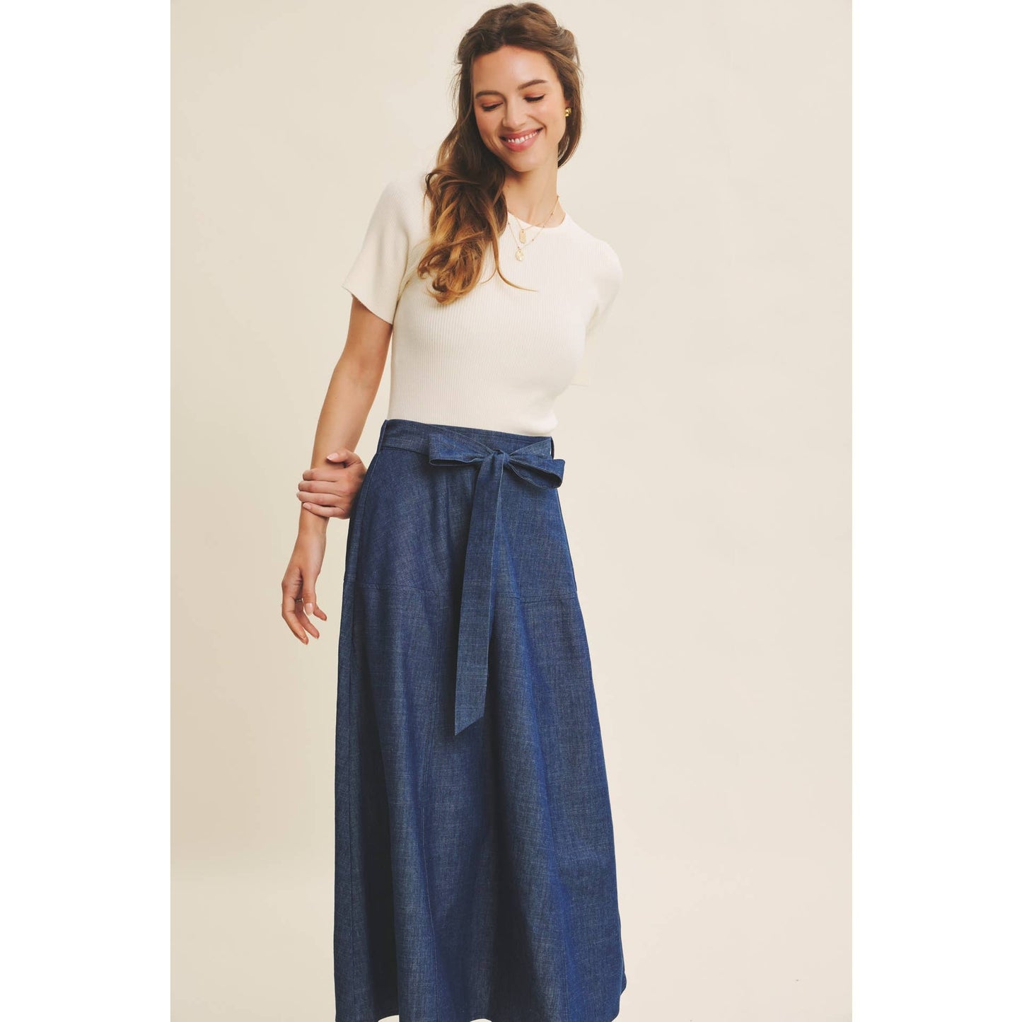 EFFORTLESS MIX OF COZY AND POLISHED TWOFER DENIM DRESS