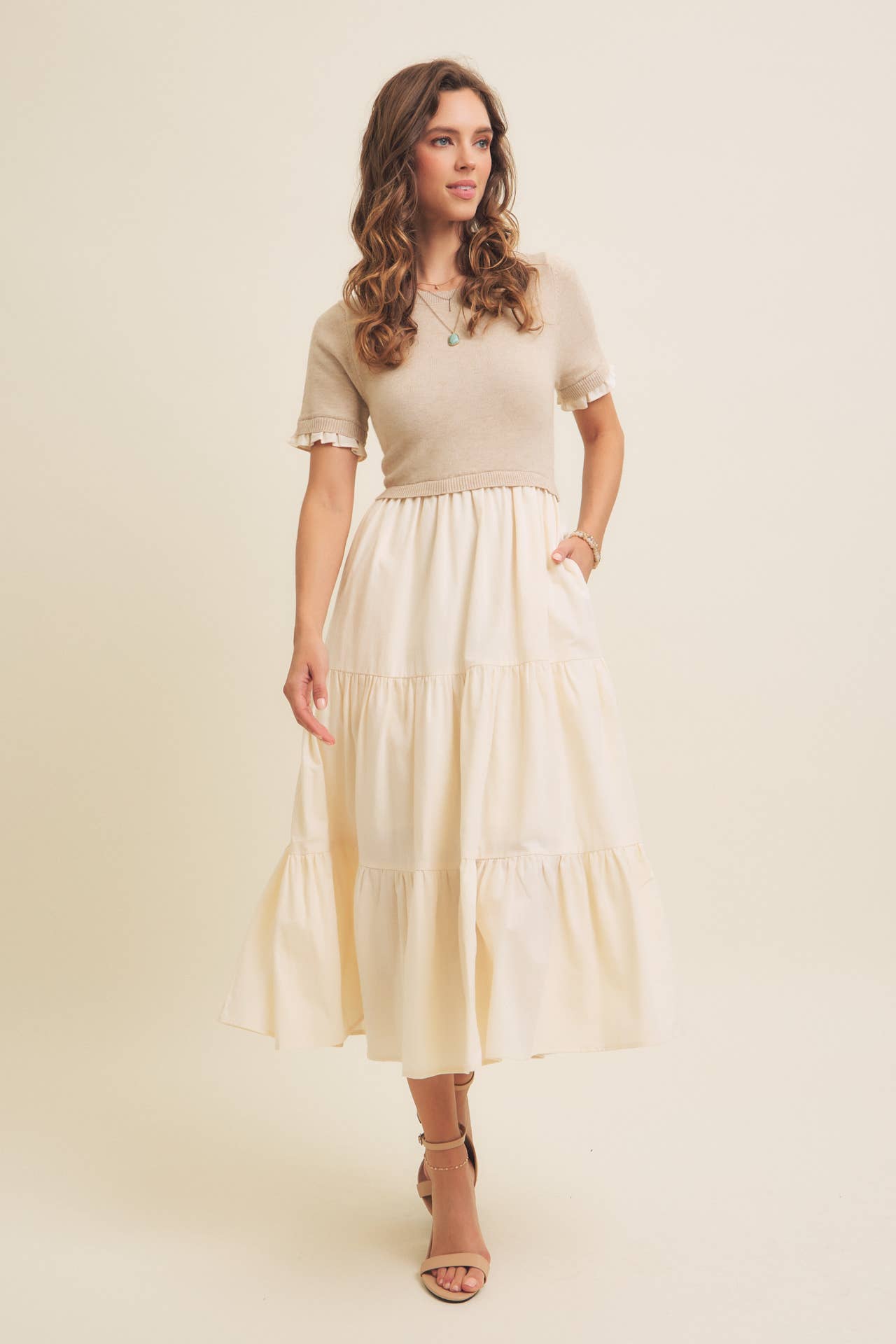TIERED MIDI DRESS WITH SWEATER TOP AND WOVEN SKIRT