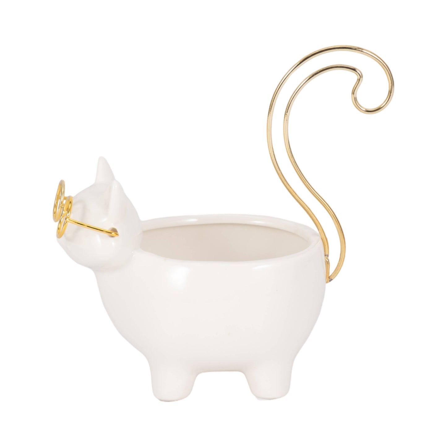 White/Gold 6 in. Ceramic Boho Kitty Trinket Dish