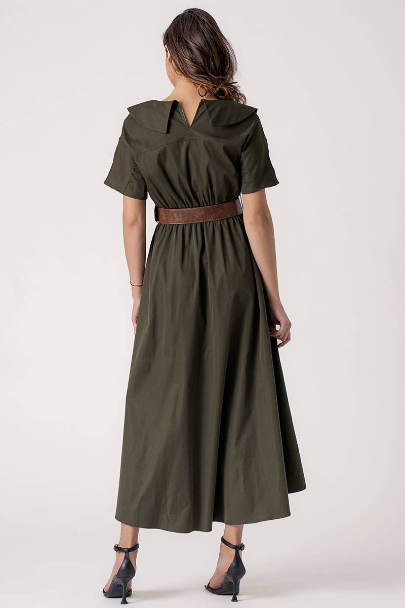 Exaggerated Collar Spring Shirt Belted Midi Dress