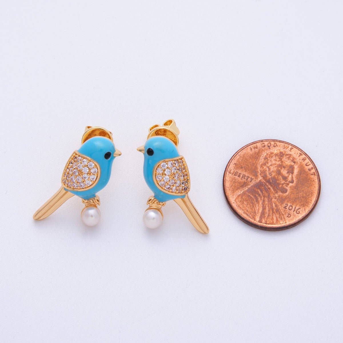 Blue Enamel Micro Paved CZ Parrot Bird Stud Earrings
