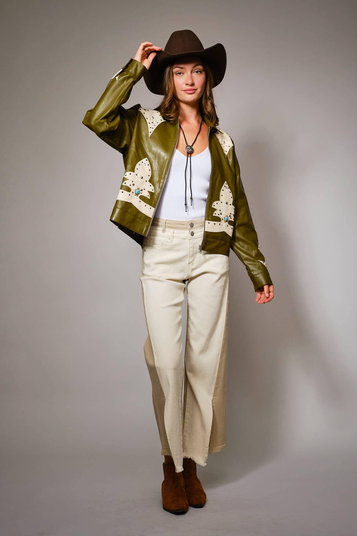 23526J - Faux Leather Studded Oversized Zip-Up Jacket