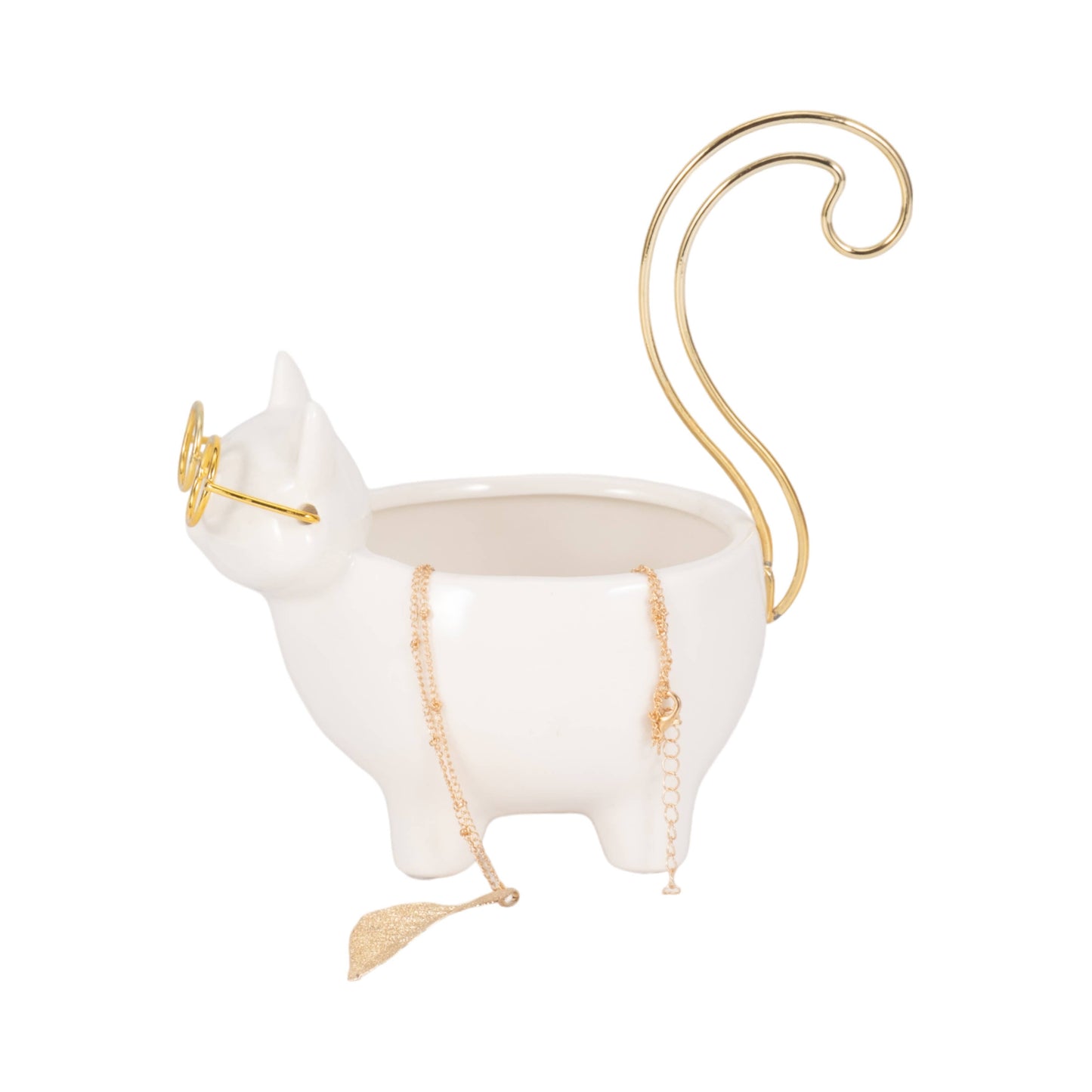 White/Gold 6 in. Ceramic Boho Kitty Trinket Dish