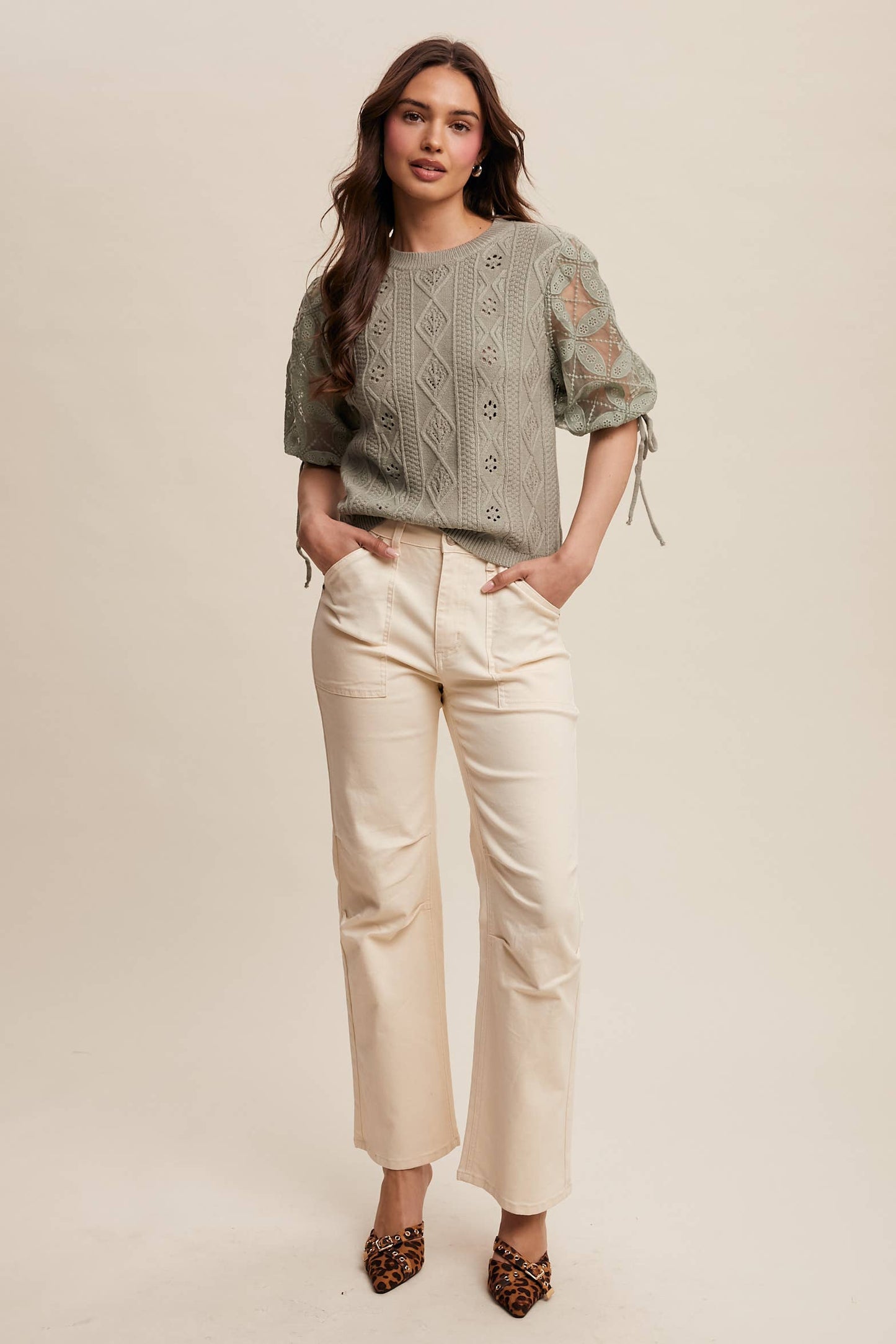 Eyelet Puff Sleeve Knit Sweater Top