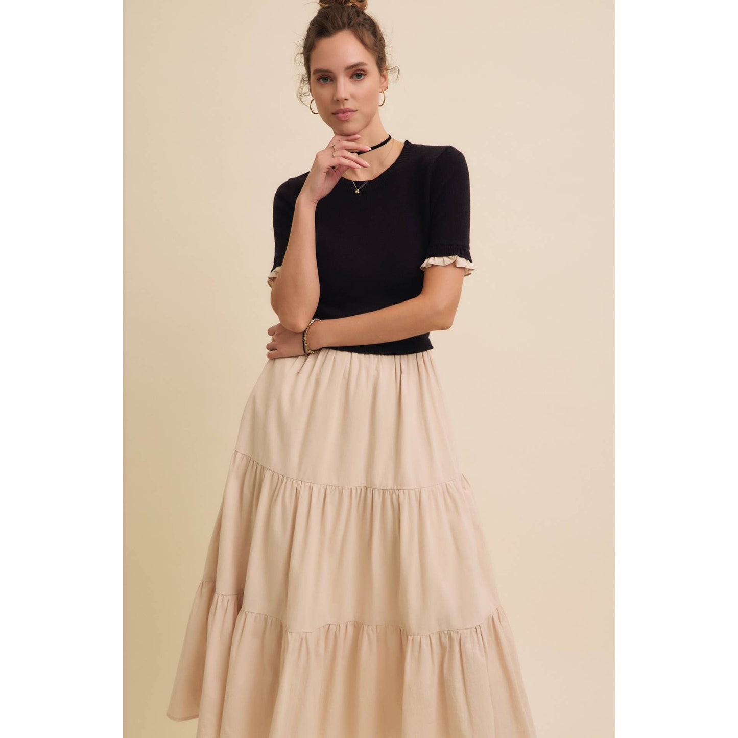 TIERED MIDI DRESS WITH SWEATER TOP AND WOVEN SKIRT