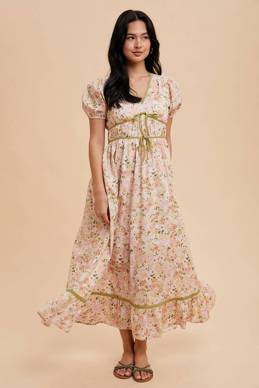 Floral Bow Detail Maxi Dress - Pink & Coral
