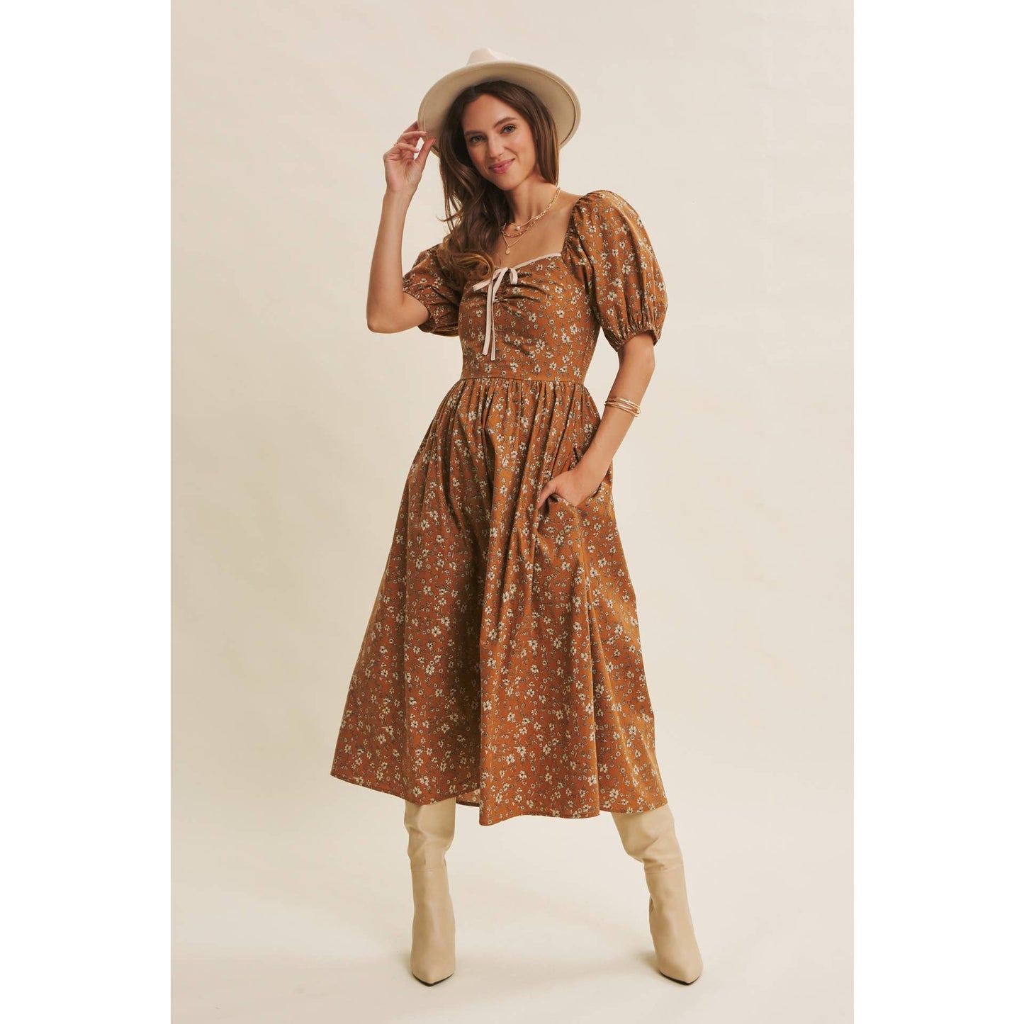 GOLDEN HOUR FLORAL PUFF SLEEVE MIDI DRESS WITH SMOCKED BACK