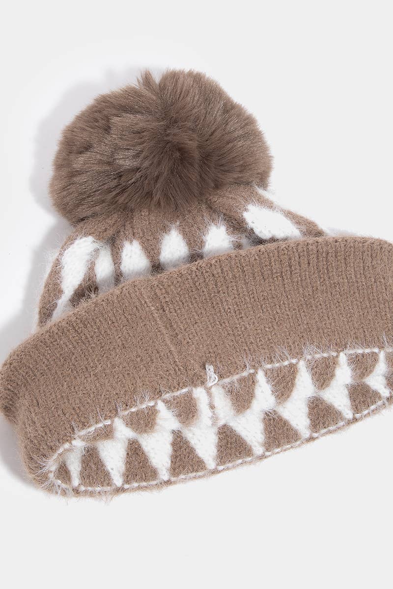 Abstract Diamond Stripe Knit Pom Pom Beanie